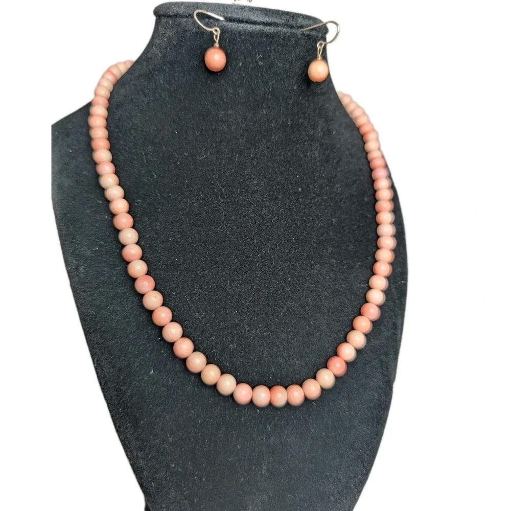 Vtg Sterling 925 Angel‎ Skin Pink Coral Beaded Necklace, Charm, Earrings 3pc Set